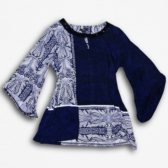 Size Large Alfani Pattern Drape Black Blue White Blouse - Picture 1 of 4